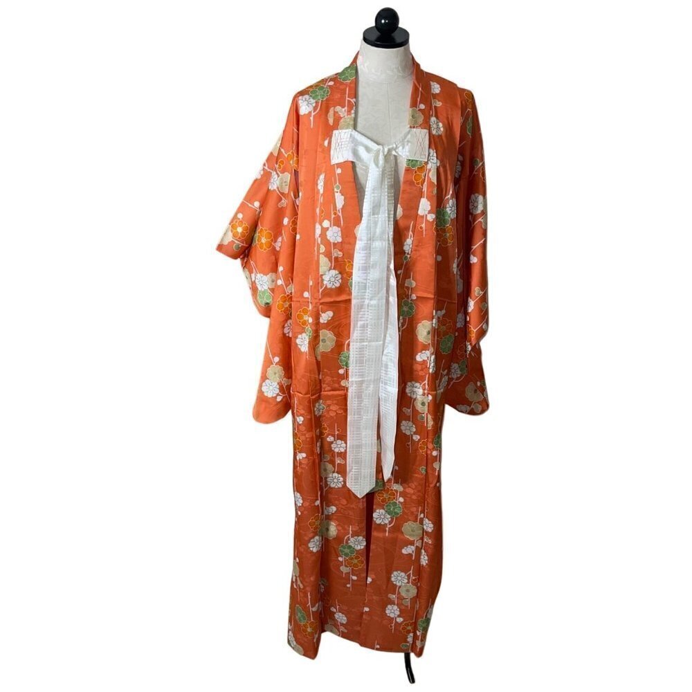 Womens Kimono One Size Orange Maxi Length Tie Front Lined Floral Embossed